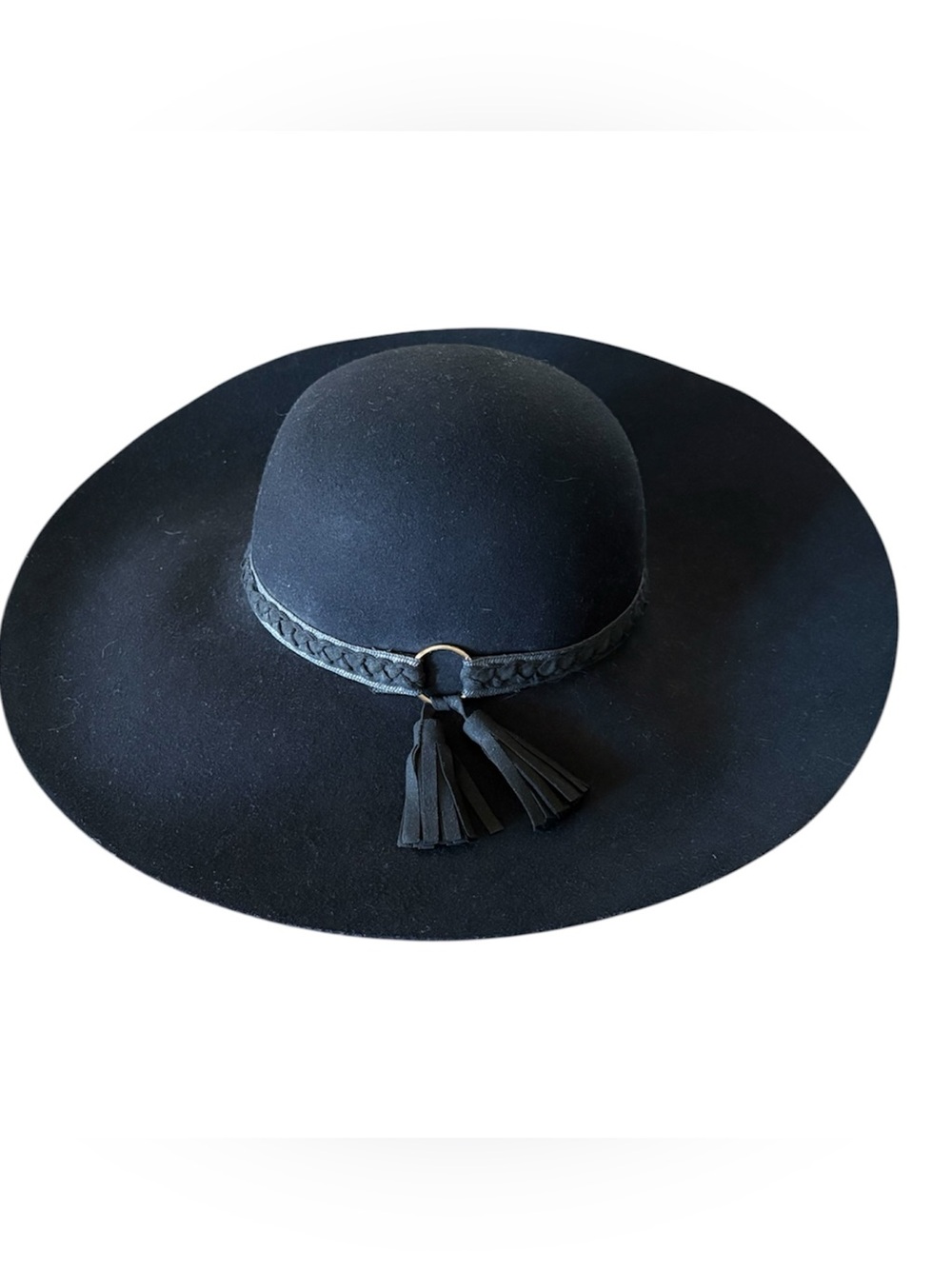 bebe Black Wool Wide Brim Leather Braided Tassel Trim Hat